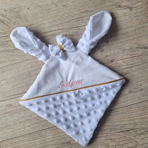 COFFRET: couverture minky x75cm + doudou minky nœud + un ensemble turban+bandeau+chaussons+moufles